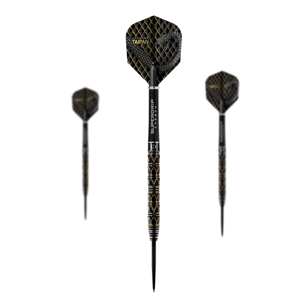 Das Bild zeigt drei Harrows Taipan Steeldarts mit einem schwarzen und goldenen Design. Die Darts haben eine strukturierte Oberfläche und moderne Flights.